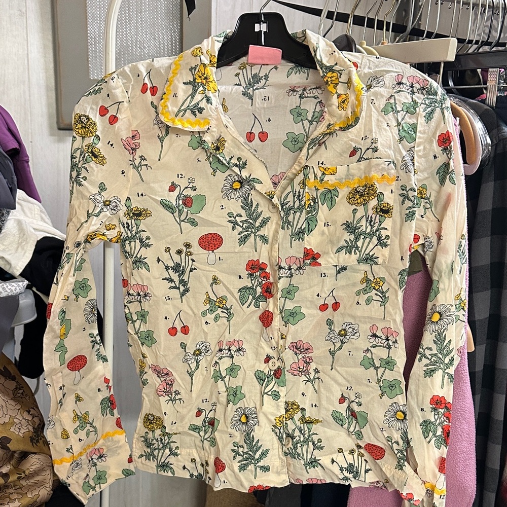 ban.do Floral Print Button-Up Top - Cream and Multicolor